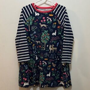 Mini Boden Navy Dress w/ Coral Accents, Striped Sleeves & Floral Woodland Print